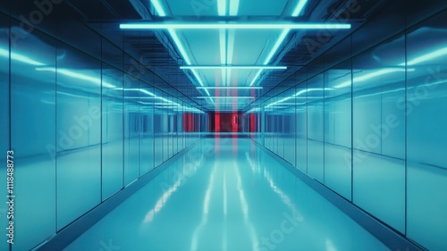 A futuristic hallway illuminated by blue neon lights, creating a sleek, modern atmosphere with reflections on a glossy floor.