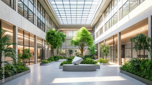 A modern indoor space featuring greenery, large windows, and natural light, creating a serene and inviting atmosphere.