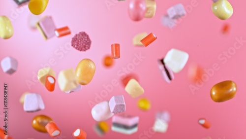 Freeze motion of flying various kind of candies.