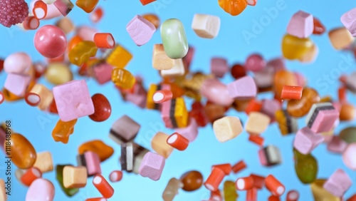 Freeze motion of flying various kind of candies.