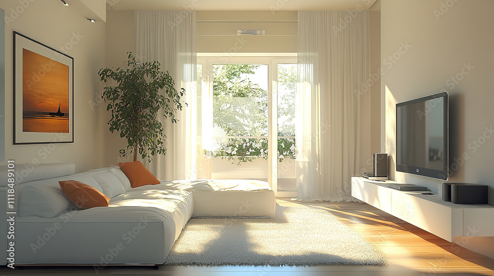 Modern Interior Featuring White Sofa Against TV Modern Interior Featuring White Sofa Against TV