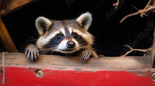 A mischievous raccoon explores a wooden structure, eagerly peeking from behind red boards, its face filled with curiosity and a hint of playful spirit. photo