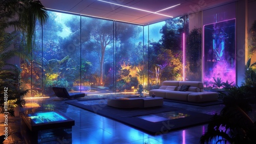 A serene modern living room with vibrant neon lights and lush greenery, creating a tranquil atmosphere that blends nature and contemporary design.