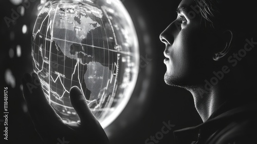 A contemplative figure gazes at a glowing globe, symbolizing exploration, knowledge, and the interconnectedness of the world.