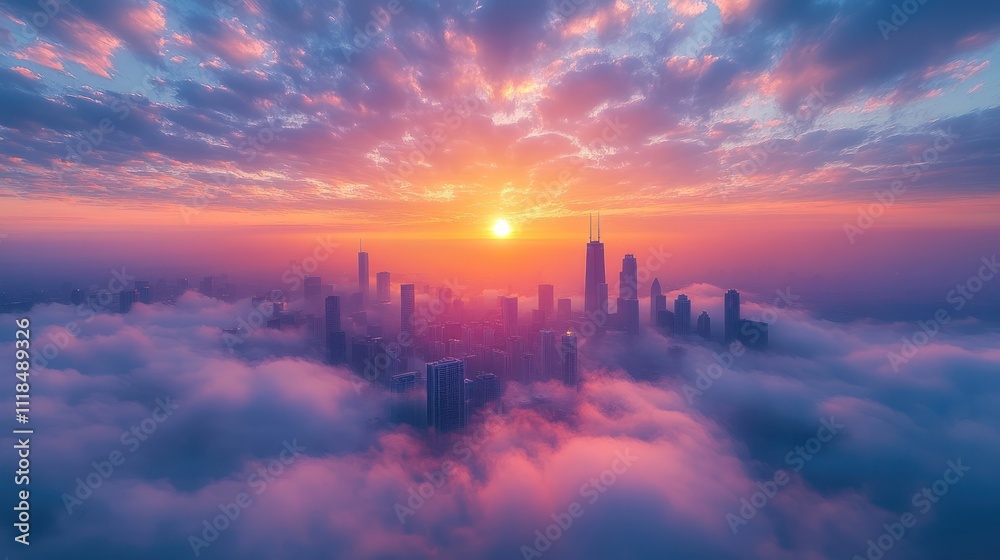 Cityscape sunrise above clouds.