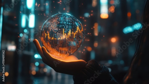 A glowing sphere with data patterns is held in a hand against a futuristic city backdrop, symbolizing technology and innovation.