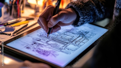A person sketches on a digital tablet, surrounded by drawing tools, capturing intricate details in their artwork.