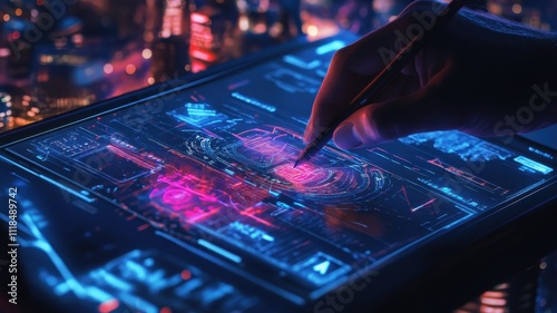 A futuristic hand using a stylus on a digital tablet displaying vibrant, high-tech graphics amid a glowing cityscape.