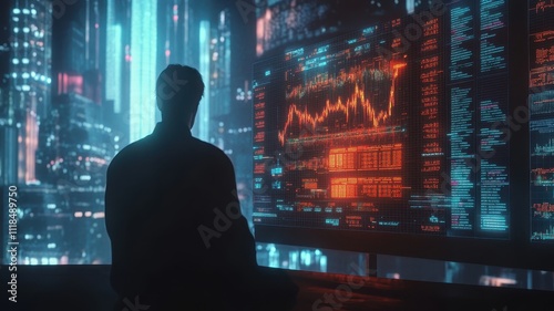 A silhouette overlooks a futuristic cityscape illuminated by neon lights and digital data, conveying a sense of technology and innovation.