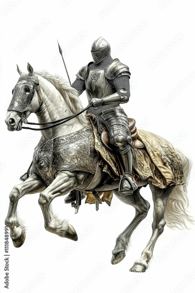 Armored knight atop a leaping horse. Armored knight atop a leaping horse.
