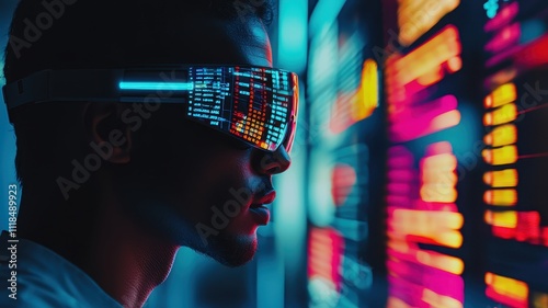 A futuristic individual wearing digital glasses gazes at a vibrant, abstract display of colorful data and information.