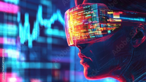 A futuristic profile of a person wearing VR goggles, surrounded by vibrant digital elements and data visualizations.