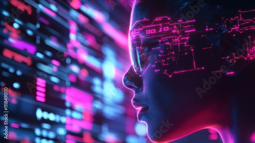 A futuristic profile of a woman with digital overlays and neon colors, symbolizing technology and innovation.