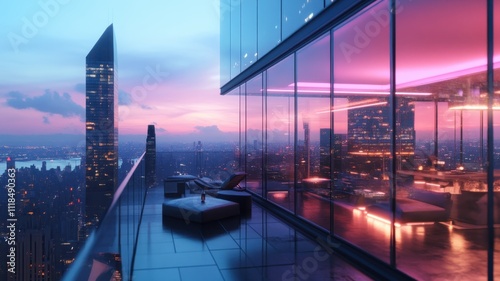 A modern balcony view showcasing a vibrant city skyline at sunset, with glass walls reflecting colorful lights.