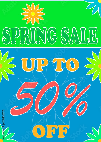 Colorful sign, spring sale of up to fifty percent.	 photo