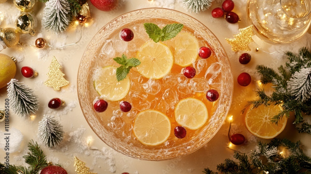 A sparkling punch bowl filled with fruit slices, surrounded by festive garnishes like cranberries, mint leaves, and miniature Christmas trees. A sparkling punch bowl filled with fruit slices, surrounded by festive garnishes like cranberries, mint leaves, and miniature Christmas trees.