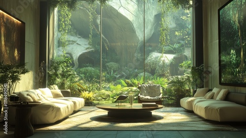 A serene indoor space with large windows, showcasing lush greenery and natural light, creating a peaceful connection with the outdoors.