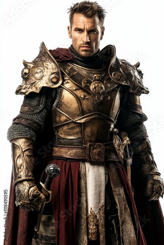 Ornate gold armor, serious warrior, crimson cloak.