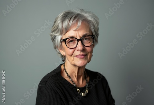 A senior woman with gray hair, wearing glasses, a black sweater, and a necklace, smiles gently at the camera.