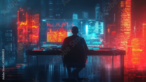 A figure sits at a desk, illuminated by vibrant screens, overlooking a futuristic cityscape filled with bright lights and digital elements.