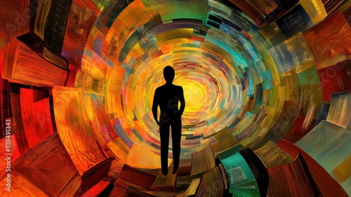 A silhouetted figure stands at the end of a vibrant, swirling tunnel made of colorful book spines, symbolizing exploration and knowledge.