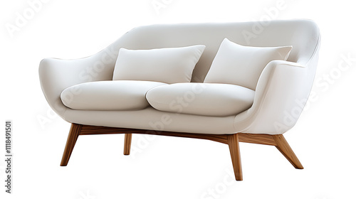 A white couch with wooden legs and two pillows