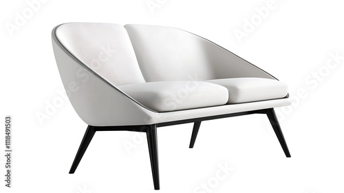 A white couch with black legs and a black arm rests