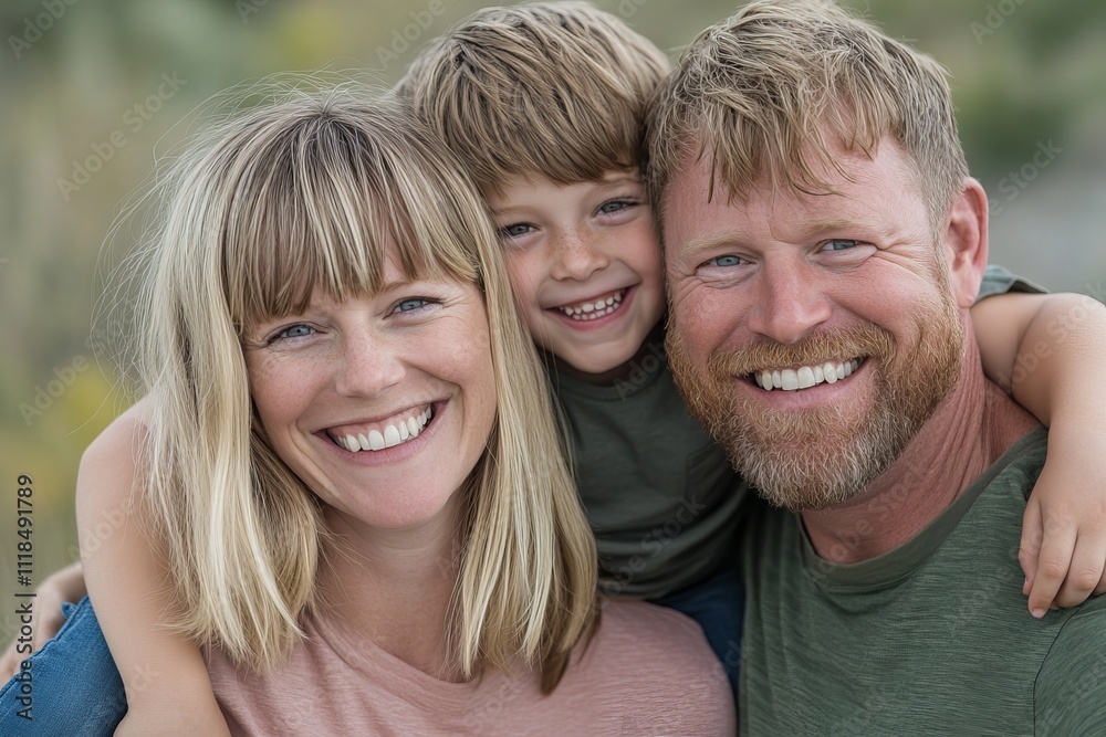 Happy family portrait: Caucasian parents and their young son smiling together outdoors. Happy family portrait: Caucasian parents and their young son smiling together outdoors.