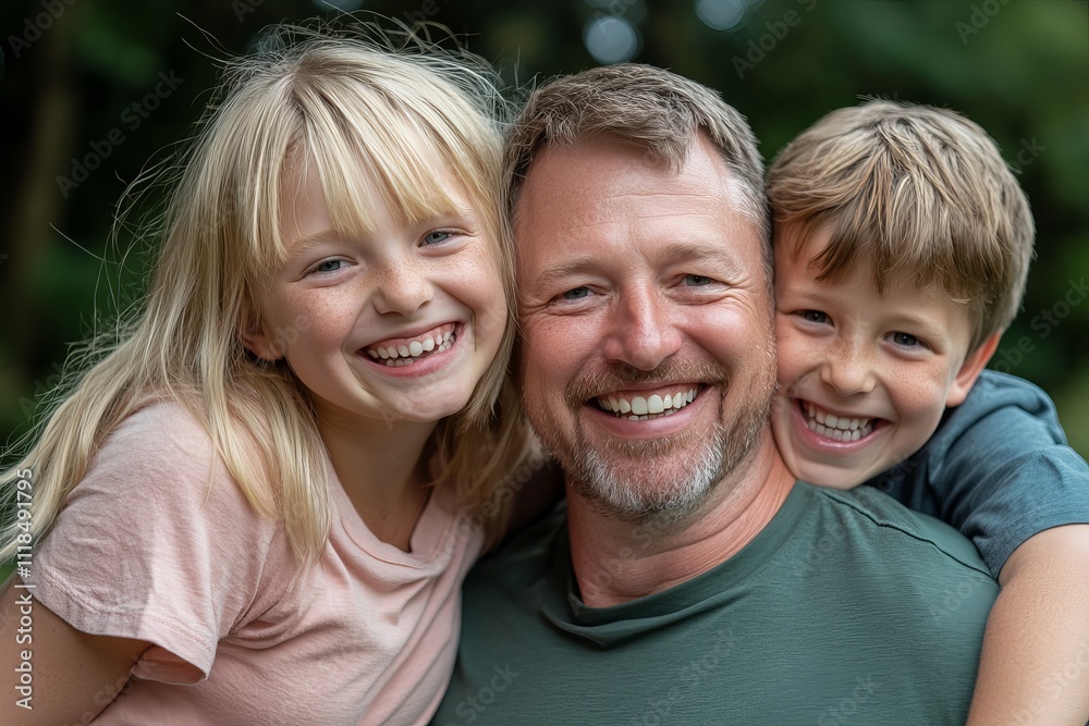 Happy father with his two children embracing him. Pure joy and family love. Happy father with his two children embracing him. Pure joy and family love.