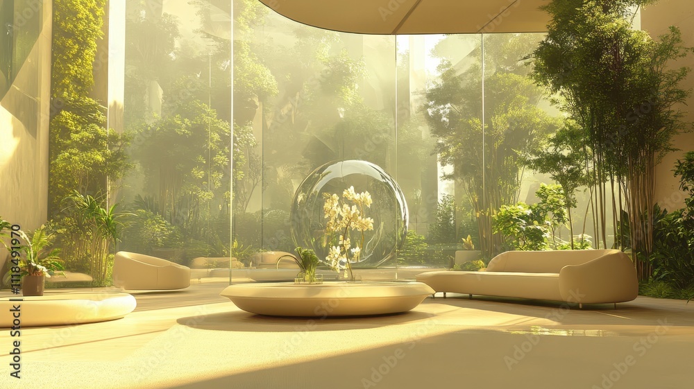 Fototapeta premium A serene indoor space filled with greenery, featuring modern furniture, soft lighting, and an inviting atmosphere.