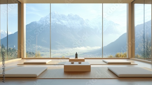 A serene room with minimalistic decor and large windows showcasing a breathtaking mountain view.