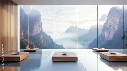 A serene interior space with minimalist wooden furniture, featuring large glass windows that reveal stunning mountain views.