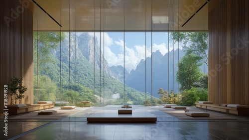 A serene interior with large glass walls showcasing a stunning mountain landscape and lush greenery.