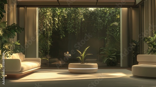 A serene, modern living space with large windows, showcasing greenery and minimalist furniture, creating a calming indoor-outdoor atmosphere.