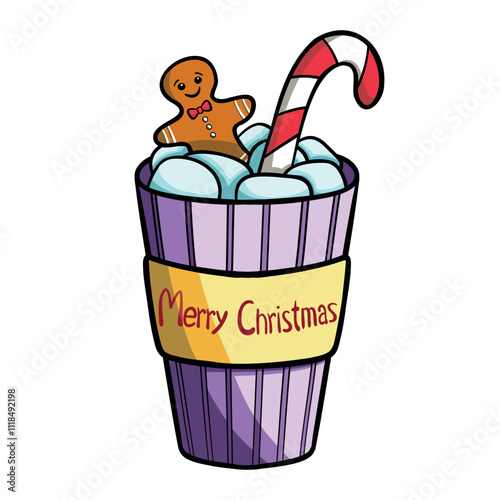 Christmas drink with marshmallow, gingerbread man, cookie, candy cane. Winter hot beverage in cartoon style. Cup of cocoa wrapped in a paper. Hand drawn vector illustration.
