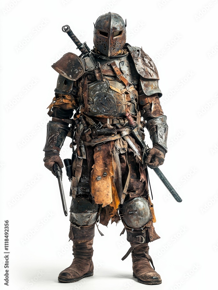 Fototapeta premium Weathered warrior, armored, sword, pistol, standing.