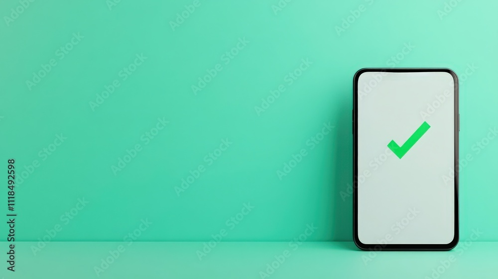 spam call phone security concept. Smartphone displaying a green checkmark on a teal background. spam call phone security concept. Smartphone displaying a green checkmark on a teal background.