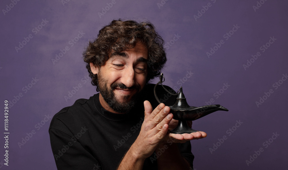 young bearded crazy man with a genious lamp young bearded crazy man with a genious lamp