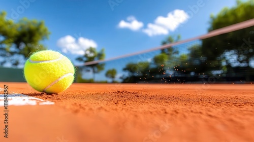 Dynamic shot capturing a tennis ball hitting a clay tennis court, creating a splash of dust particles, showing energy and movement with a blurred background net. photo