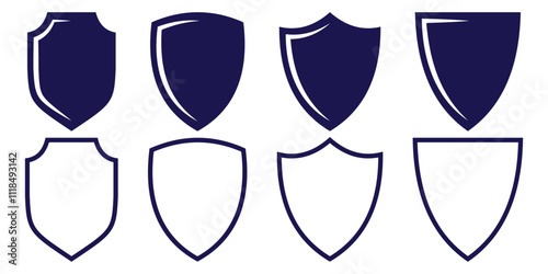 Shield icon set in vintage style. Protect shield security line icons. Badge quality symbol, sign, logo or emblem. Vector illustration