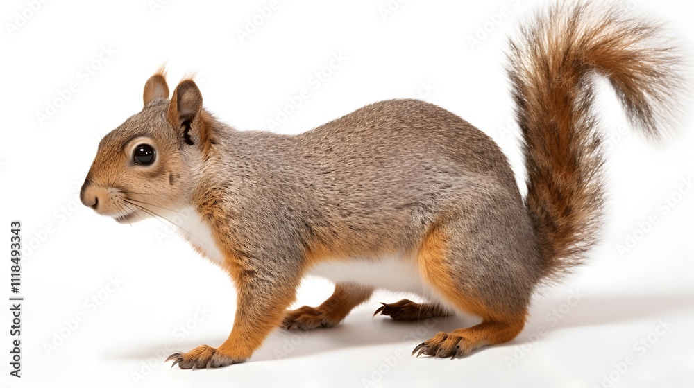 Brown squirrel with fluffy tail, cute playful and lively wild animal, white background. Brown squirrel with fluffy tail, cute playful and lively wild animal, white background.