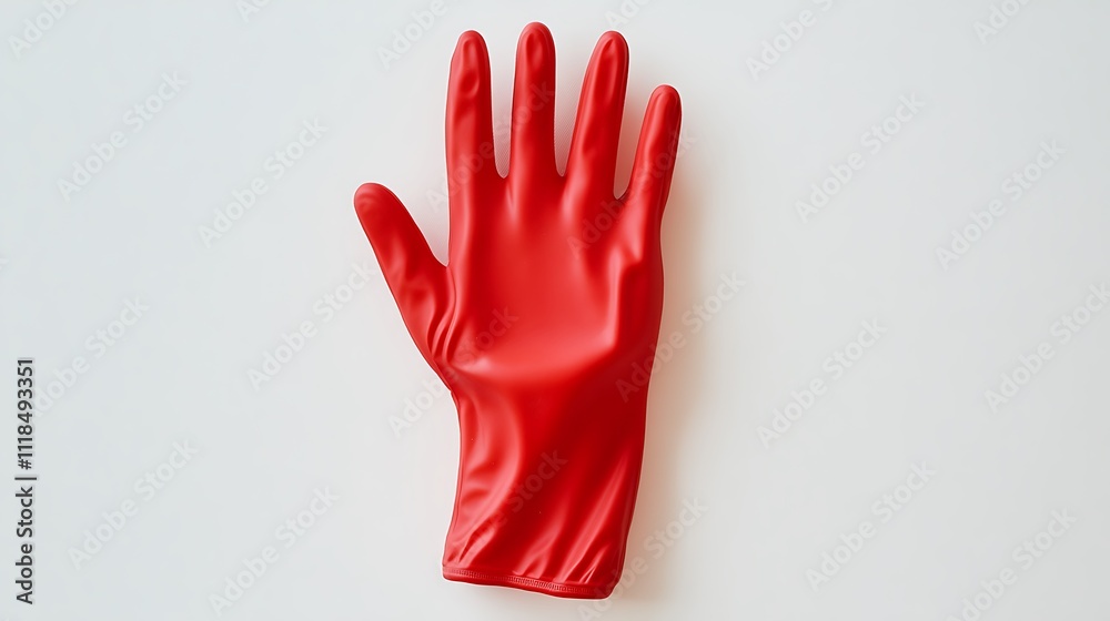 Red rubber glove lying on a white surface. Red rubber glove lying on a white surface.