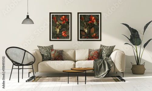 Stylishly designed living room features a pair of exquisite floral picture frames on the wall, complementing the cozy sofa and inviting decor elements, creating a warm and welcoming environment photo