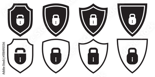 Security shield icons, security shields logotypes with check mark and padlock. Safety shield symbols. Vector illustration