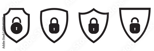 Security shield icons, security shields logotypes with check mark and padlock. Safety shield symbols. Vector illustration