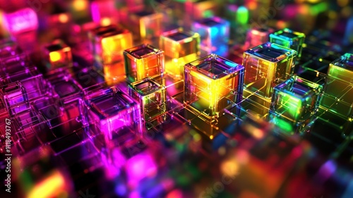 Fototapeta Naklejka Na Ścianę i Meble -  Vibrant, colorful glass cubes illuminate a reflective surface in a dynamic, abstract composition.