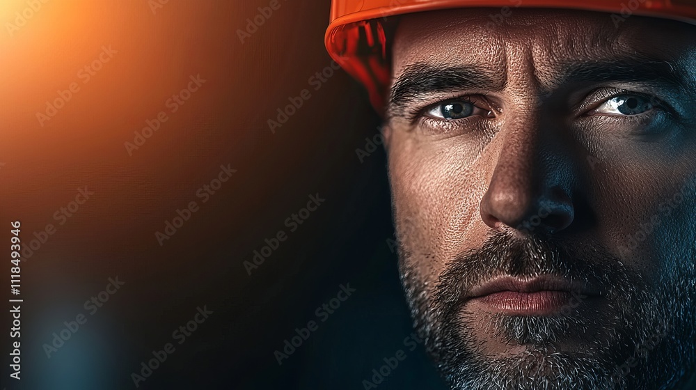 Close-up portrait of a Architect man wearing a hard hat, serious expression, dark background. Close-up portrait of a Architect man wearing a hard hat, serious expression, dark background.