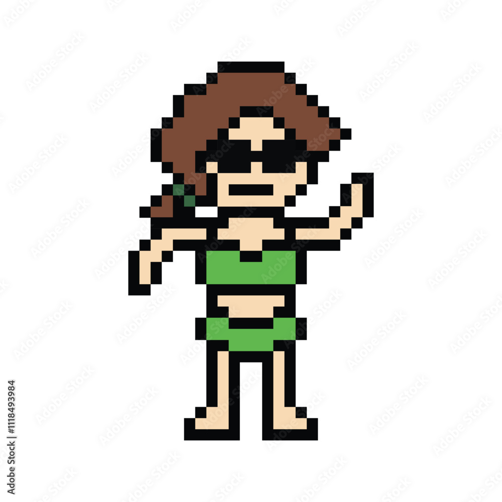 Obraz premium Cute pixel cartoon two piece character woman bikini swimming suit game summer beach vacation for decoration lifestyle female bikini 2 piece cartoon 8 bit holiday relax pixel art png vector.