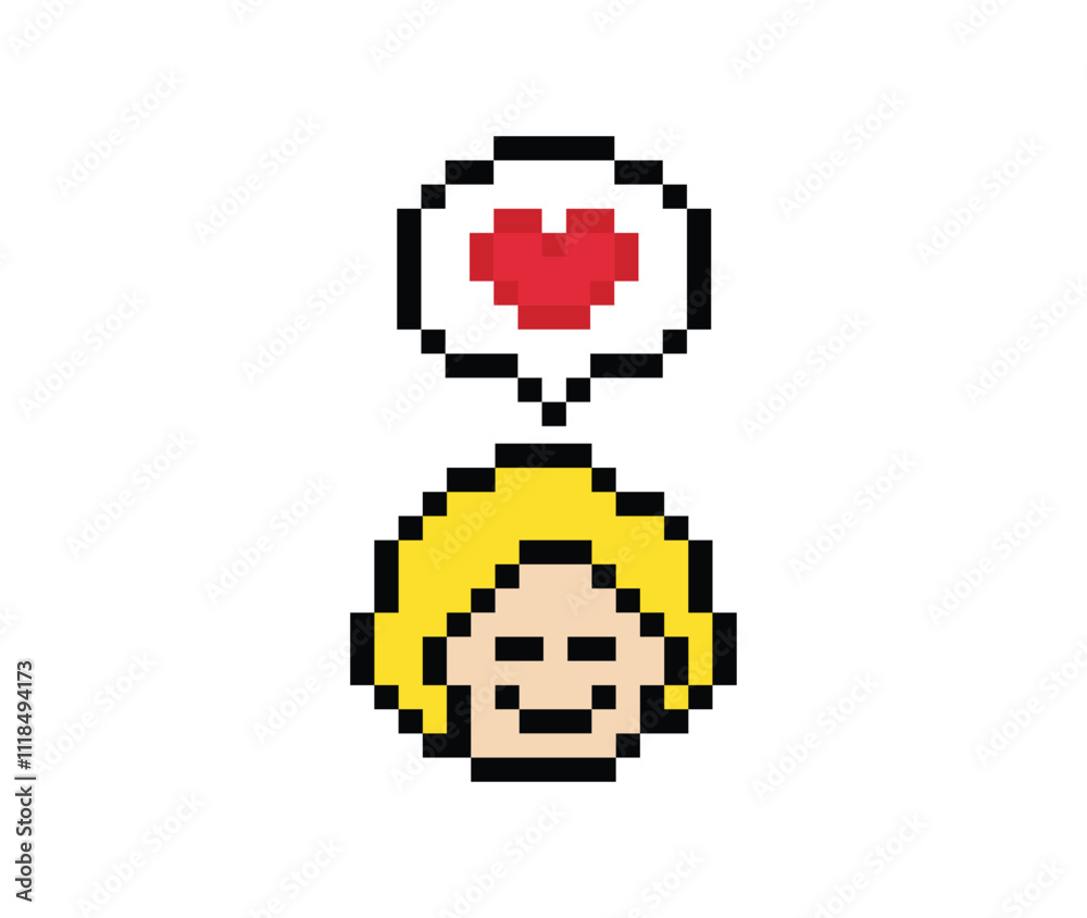 Cute pixel cartoon 8bit character man feel love happy happiness heart emotion lifestyle decoration life style 8 bit male boy happy favorite like mood game isolated PNG vector.