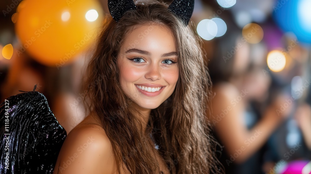 A vibrant woman with alluring features and curly locks coupled with festive cat ears enjoys a colorful, fun event, embodied by bright lights and decor. A vibrant woman with alluring features and curly locks coupled with festive cat ears enjoys a colorful, fun event, embodied by bright lights and decor.